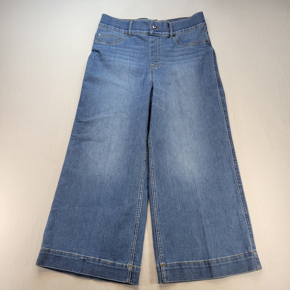 Spanx Wide Leg Cropped Jeans Women 1X Blue Pull On High Rise Stretch Denim 21285